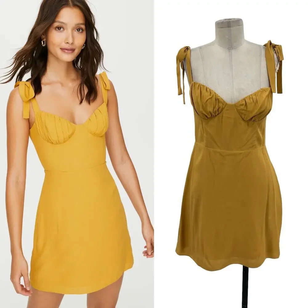Aritzia Wilfred Cammy Mini‎ Dress Cairo Gold Yellow Tie Sleeve Size Medium